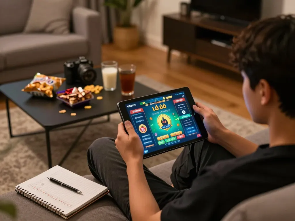 Lô đề online gaming experience at home with user engaged on tablet and betting strategies visible