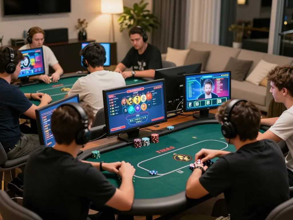 Impactxoft players engaged in an intense online poker game, showcasing competitive gaming atmosphere