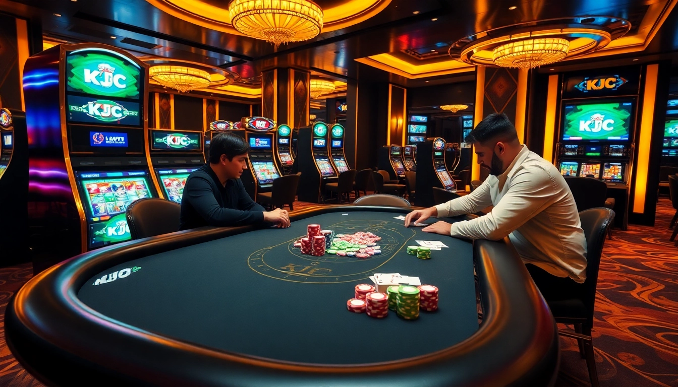 KJC poker table with vibrant chips and cards in a luxurious casino setting