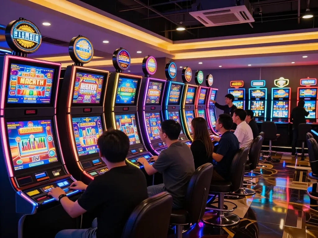 Pemain merayakan kemenangan di mesin slot yang berwarna-warni di kasino yang ramai.
