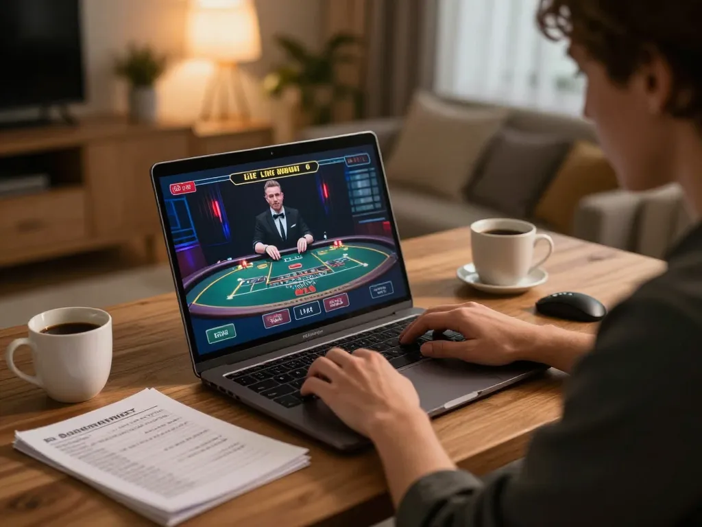 king33 player engaged in online casino gaming at home, showcasing strategic gameplay and comfort.