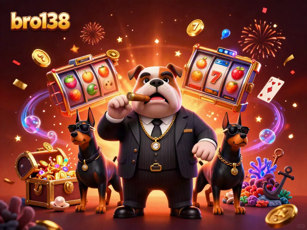 Experience exhilarating wins at bro138 with a dynamic 3D illustration of a casino boss and game elements.