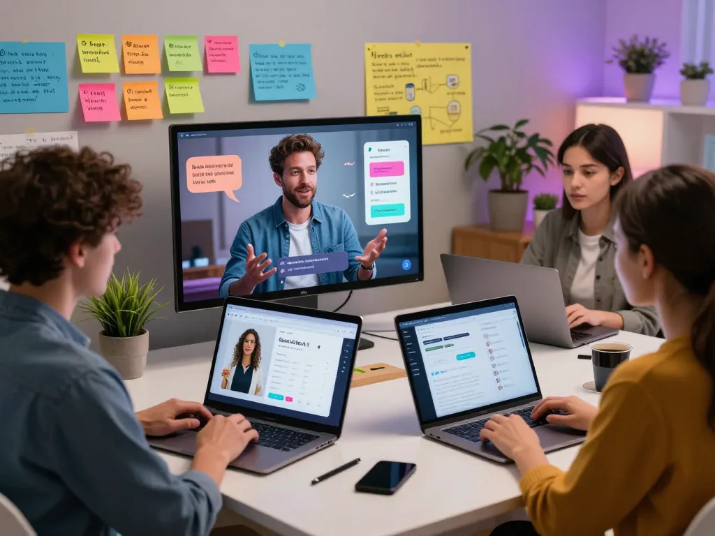Engaging scene of users interacting with sex chat AI in a modern digital workspace, showcasing diverse technology use.