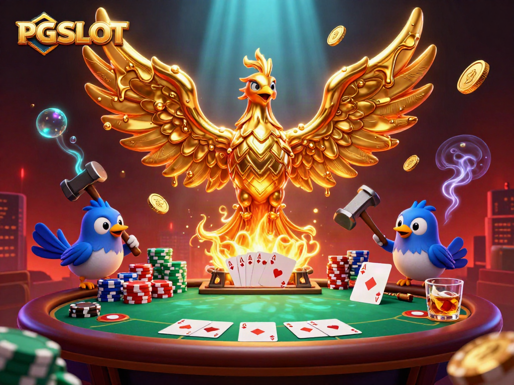 Experience the thrill of PG SLOT with a golden phoenix emerging amidst poker elements.