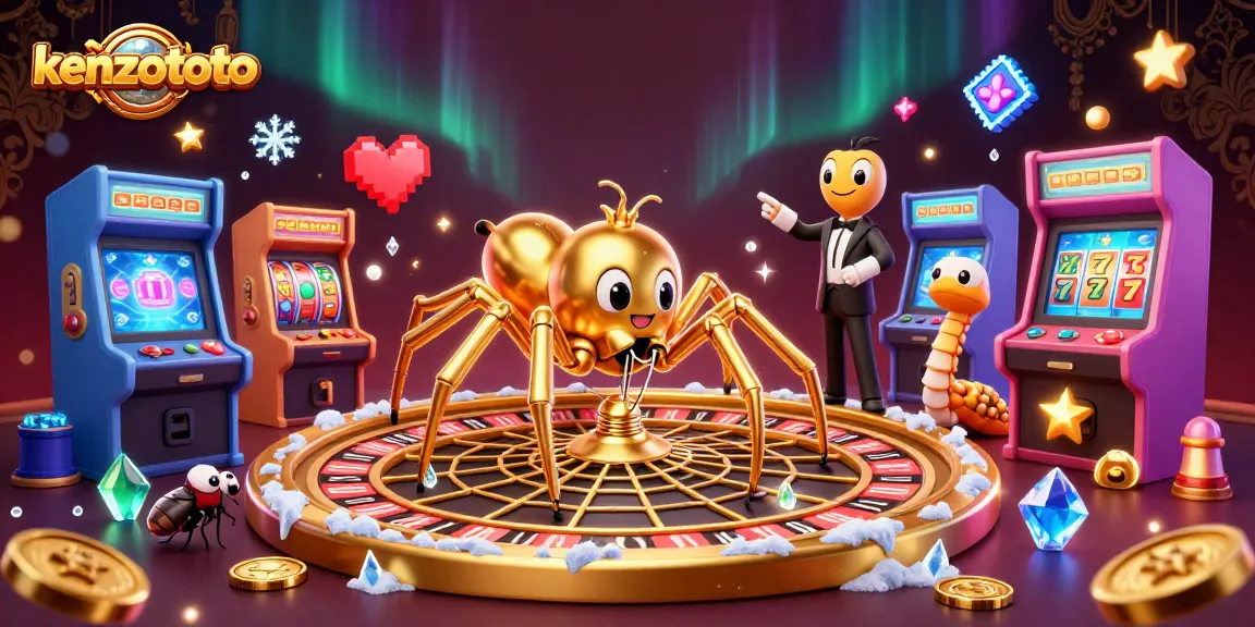Kenzototo showcases a thrilling gaming scene with a golden spider and centipede croupier amidst flashy arcade elements.