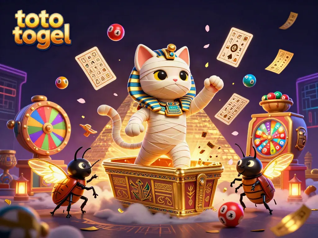 Engage in toto togel excitement with an Egyptian mummy cat, vibrant lottery balls, and mystical casino elements.