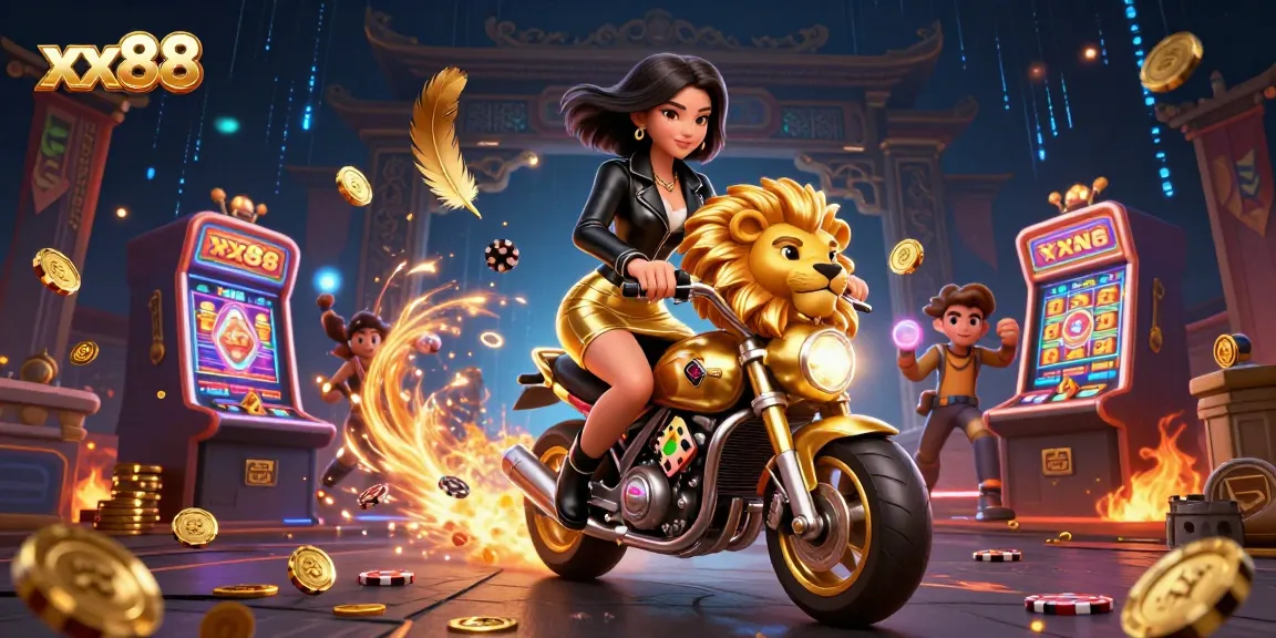 Experience thrilling action at xx88 with a glamorous character on a golden lion, surrounded by vibrant casino elements.