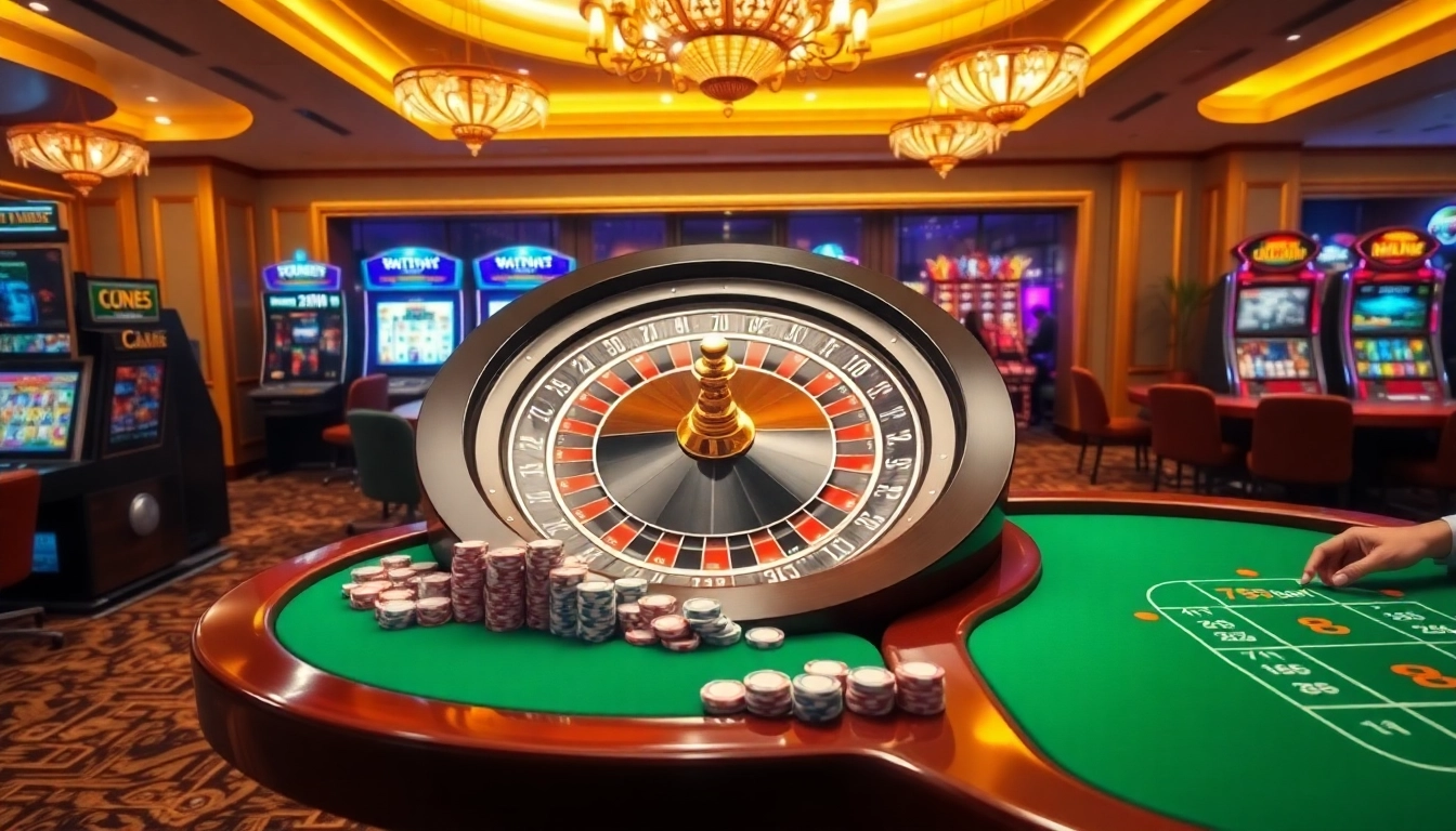 Excitement of gambling with 789bet at a luxurious casino featuring roulette wheel and poker tables.