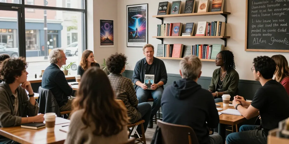 T Allen Greenfield discussing his book UFOnauts at https://tallengreenfield.com, engaging an attentive audience in a cozy literary café.