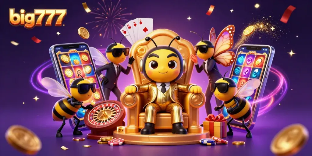 Experience thrilling gameplay with big777's vibrant slot games and characters in a dynamic casino scene.