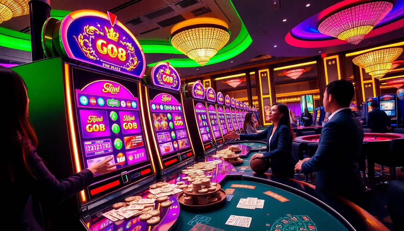 Engaging players winning on go8 nổ hũ slot machines in a vibrant casino setting.