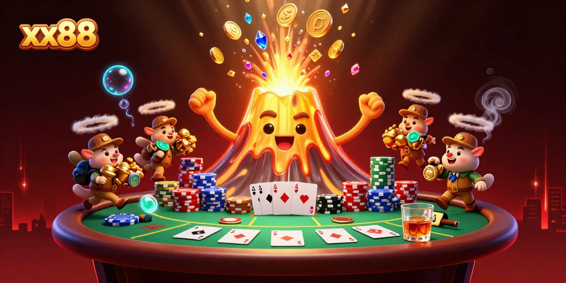 Experience high-stakes excitement with xx88 as a golden volcano erupts coins and gems in a vibrant casino scene.