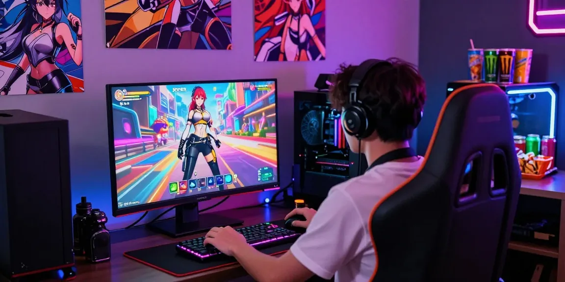 Gamer immersed in an ecchi game, vibrant visuals on screen, dynamic gaming accessories.