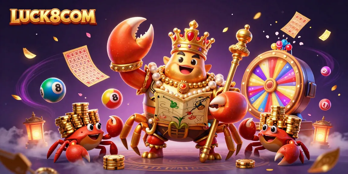 Engage with LUCK8COM's vibrant gaming landscape featuring a regal crab emperor amidst lottery excitement.
