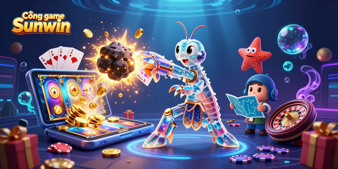 Cổng game Sunwin features vibrant 3D scene with a samurai mantis shrimp amidst casino symbols.