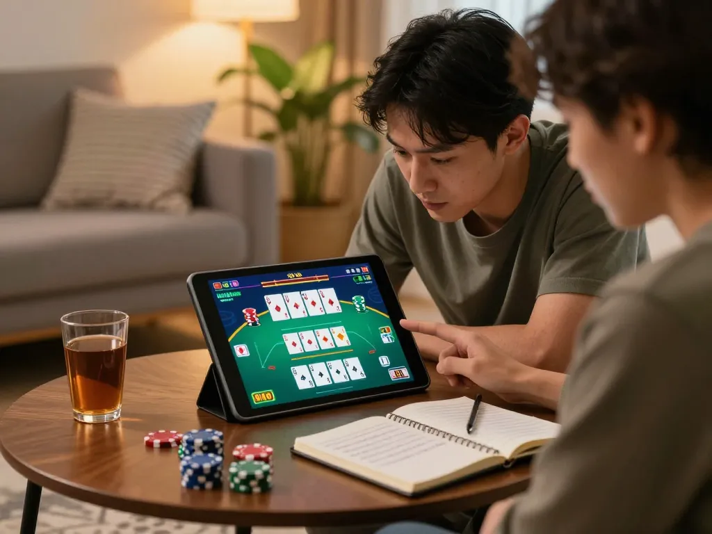 Player enjoying an online blackjack game at home, showcasing lc88 app interface and strategic notes on the table.