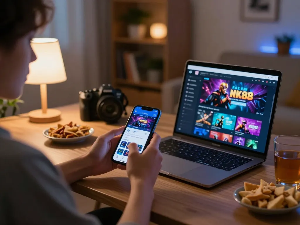 Engaging gaming session on NK88 app, smartphone displaying casino interface in cozy home setting.
