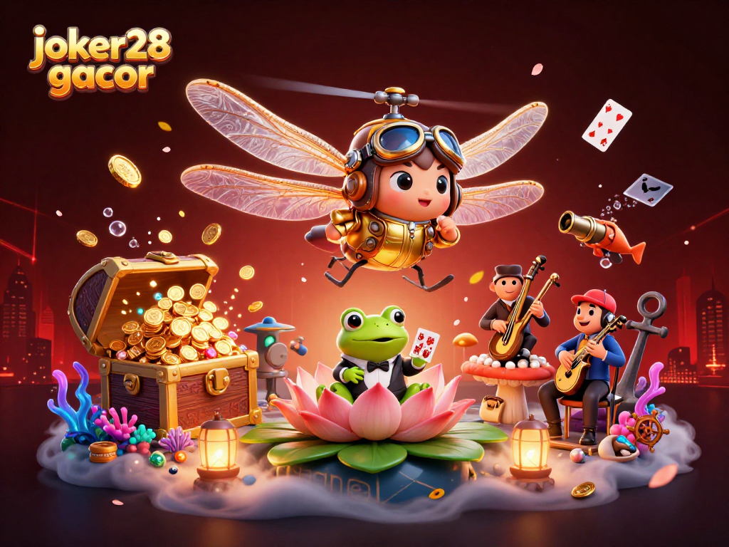Visualisasikan joker28 gacor dengan suasana kasino ceria dan berbagai elemen permainan yang dinamis.