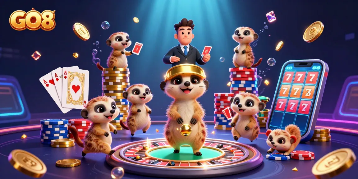 GO8 meerkats operate a vibrant casino, showcasing thrilling gaming action and colorful elements.