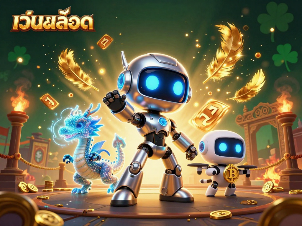 Experience เว็บสล็อต with a dynamic scene featuring futuristic robots and slot elements.