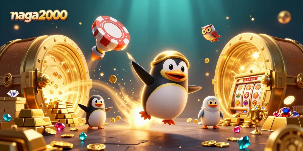 Bermain slot di naga2000 dengan karakter penguin emas dan elemen permainan yang mengkilap menarik perhatian.