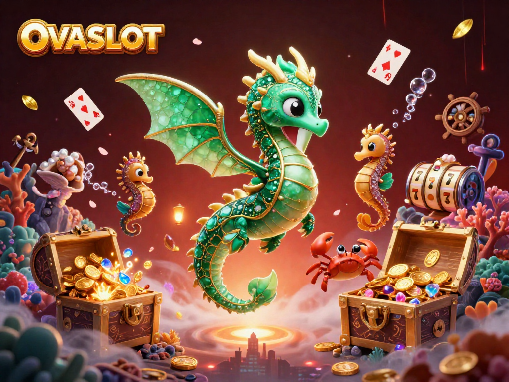 Engage with OVASLOT's exciting gaming world featuring vibrant characters, slot elements, and underwater treasures.