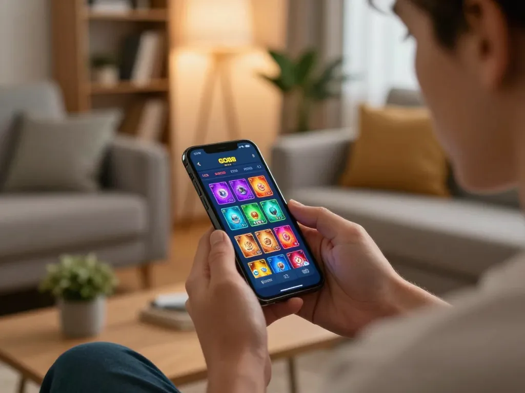 Engaging in GO88 mobile gaming with vibrant app interface in cozy home setting.