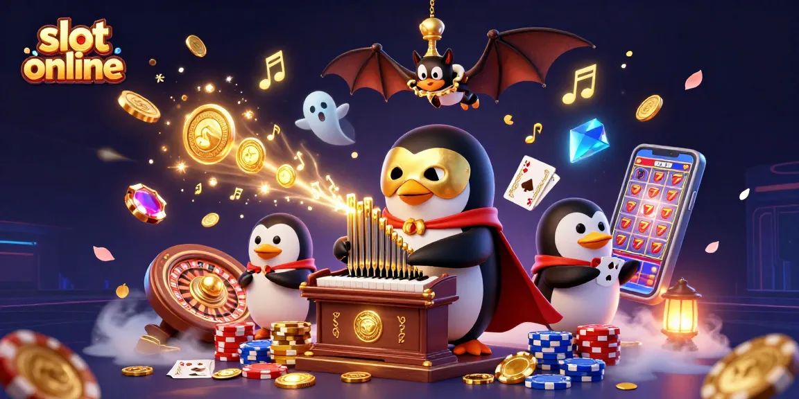 Mainkan slot online dengan penguin aristokrat dan bat akrobat yang dikelilingi koin emas dan permainan menawan.
