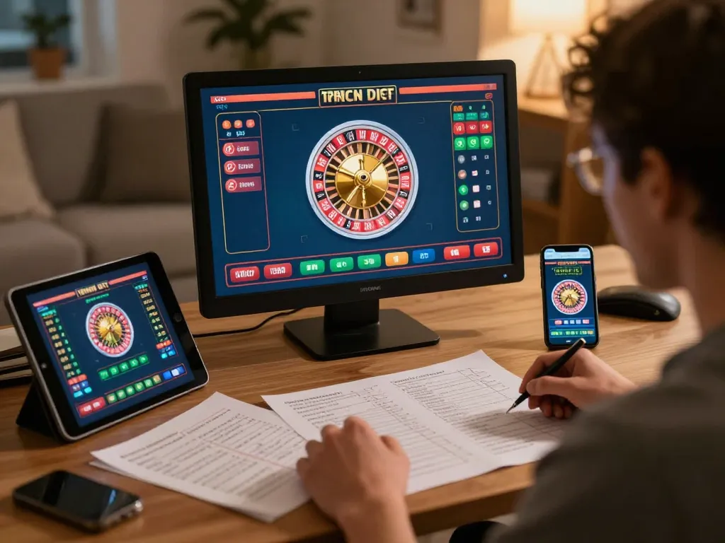 Cách chơi Roulette at home using online gaming setup with strategy notes and gaming app visible