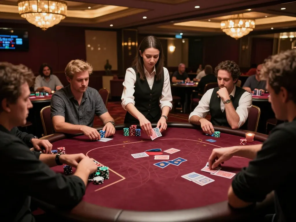 Engaged players at a luxurious casino poker table showcasing the exciting atmosphere of https://luckywin.solutions/.