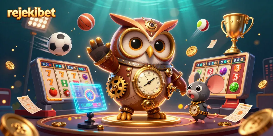 Experience the excitement of rejekibet with a dynamic scene of a steampunk owl and mouse, slot reels, and sports action.