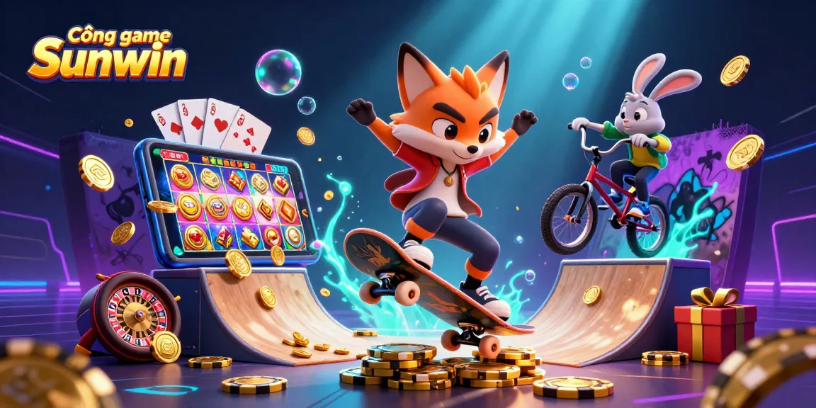 Cổng game Sunwin showcases a vibrant scene with a skateboarder fox and BMX rabbit in a dynamic casino environment.