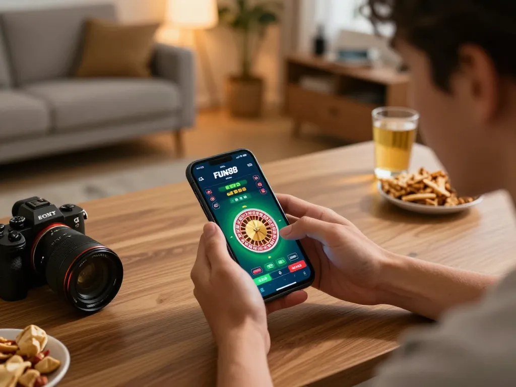 Engaging user playing Fun88 online roulette on mobile app in cozy living room setting.