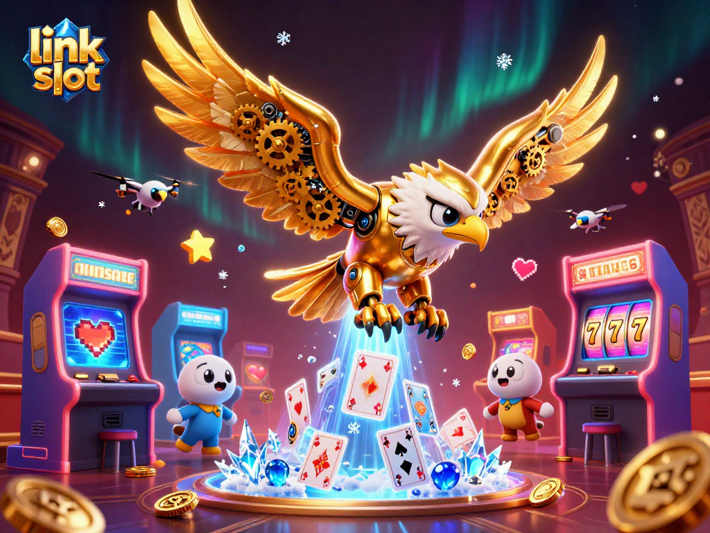 Experience thrilling gameplay with vibrant link slot elements featuring a gold eagle and arcade machines.