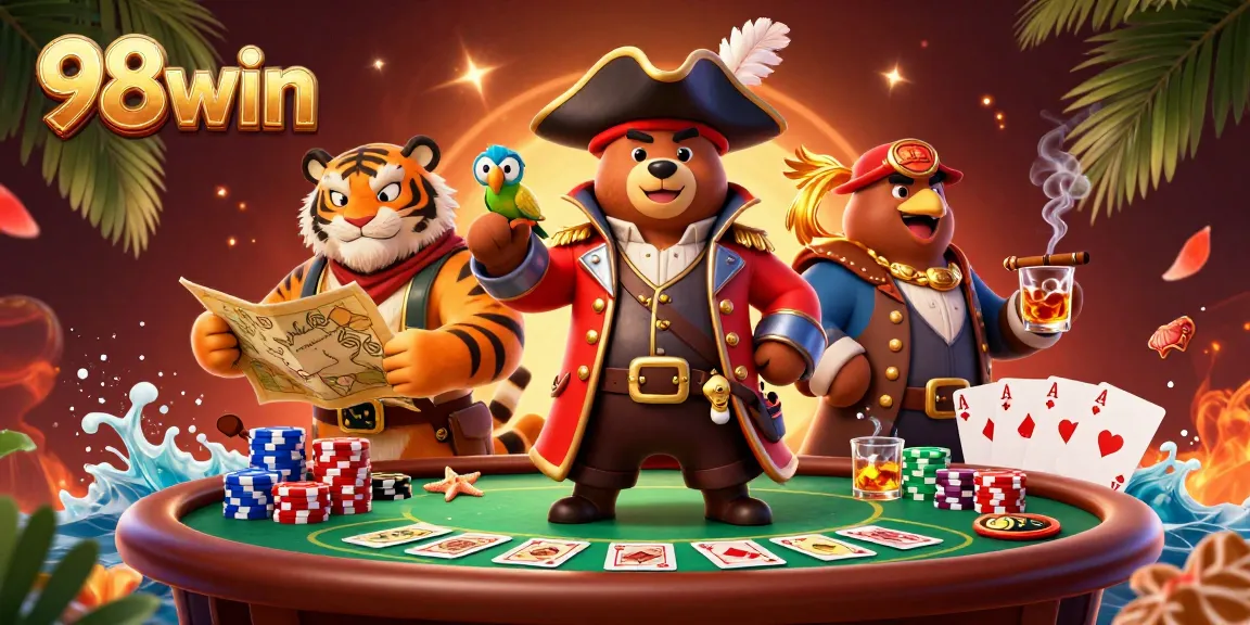 Engage with 98win's vibrant casino scene featuring a pirate captain bear and captivating poker elements.