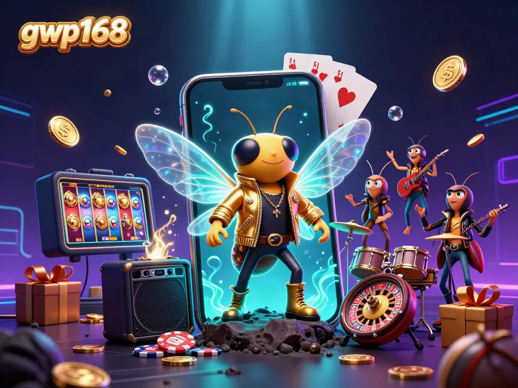 GWP168 menyajikan slot 3D menghibur dengan cicada rock star, drummer beetle, dan crickets di latar belakang warna cerah.