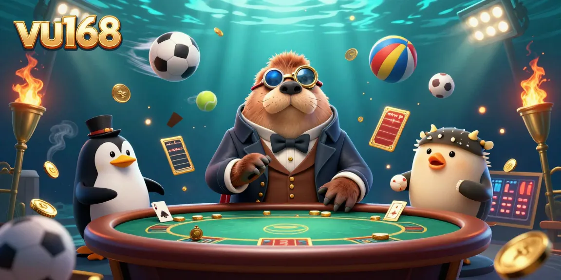 Engage with vu168's thrilling underwater poker scene featuring a jolly walrus, stylish penguin dealer, and a bluffing pufferfish.