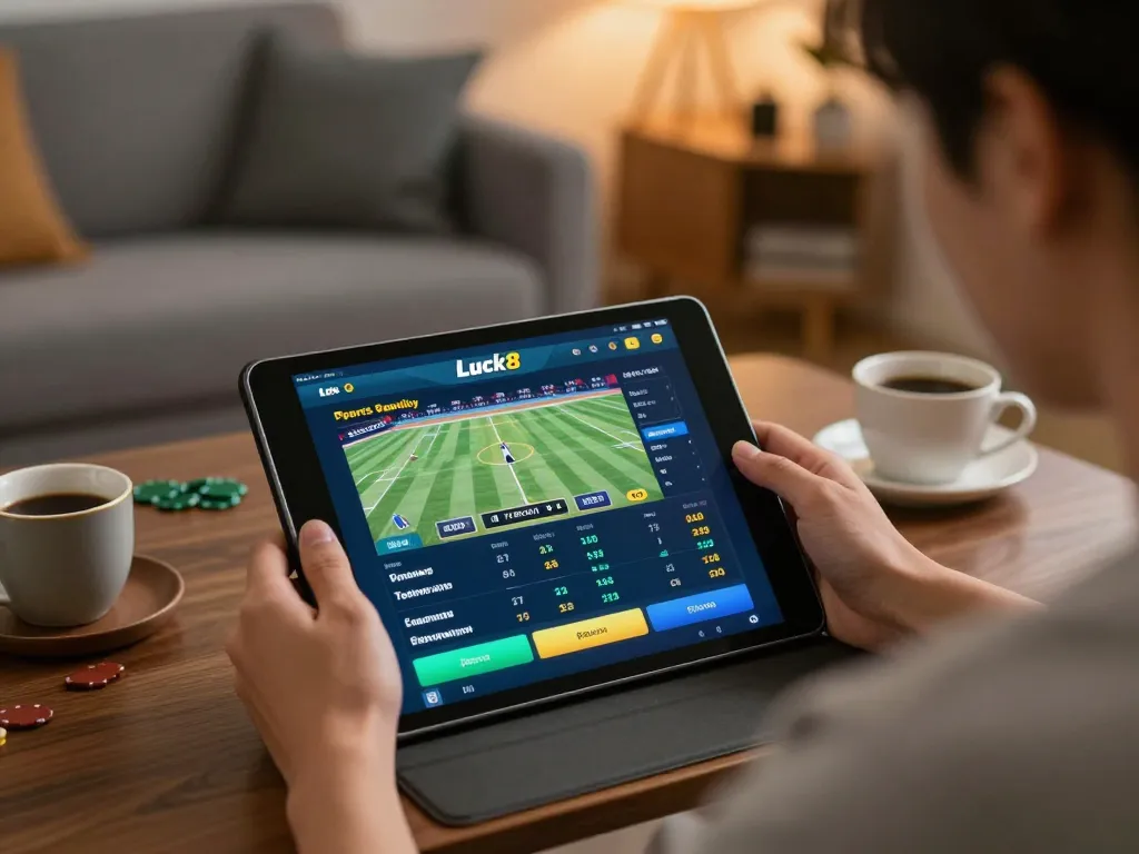 Engaging user exploring Luck8 sports betting interface on a tablet during casual home setting