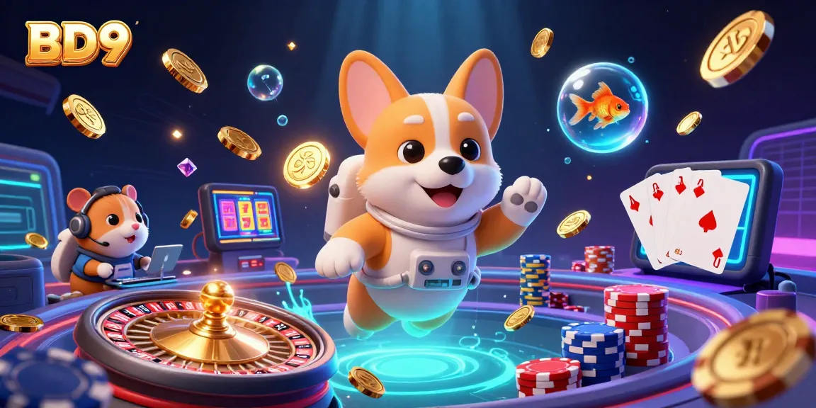 Engage in thrilling gaming action at BD9's vibrant online casino with dynamic scenes of floating characters and gaming elements.