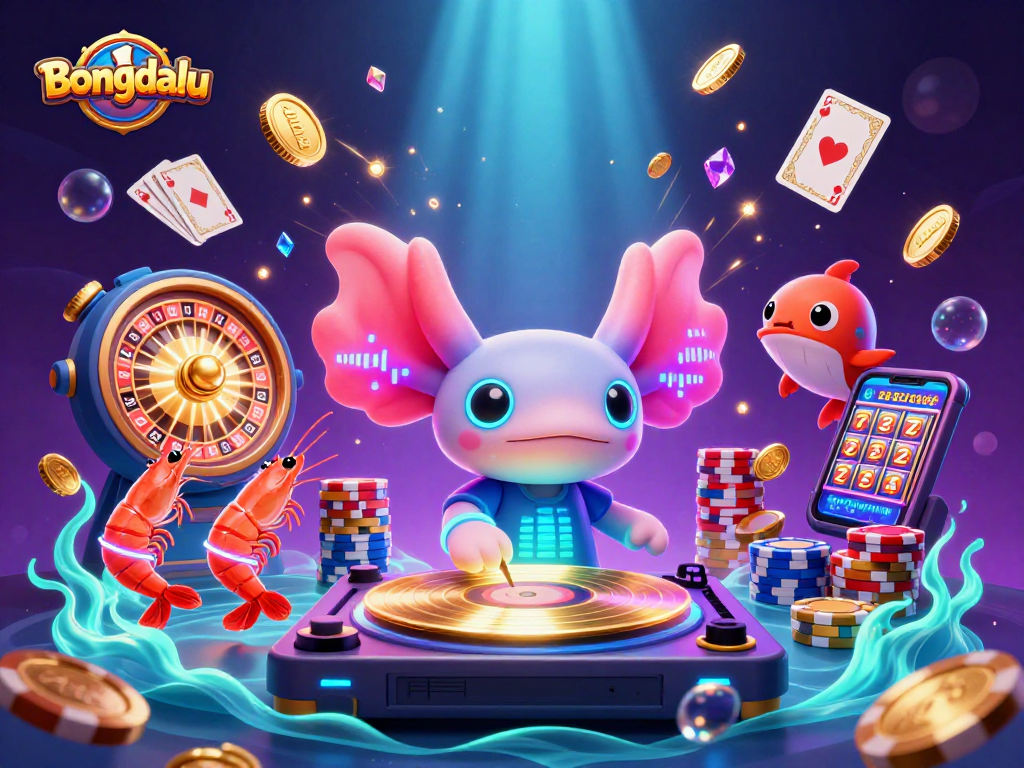 Engage with Bongdalu's vibrant casino scene featuring a neon axolotl DJ and lively underwater characters.