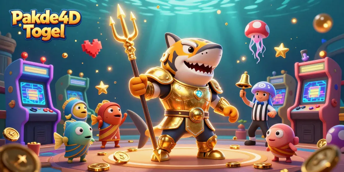 Engage with Pakde4D Togel in this vibrant underwater scene featuring a fierce tiger shark, arcade elements, and magical gaming action.