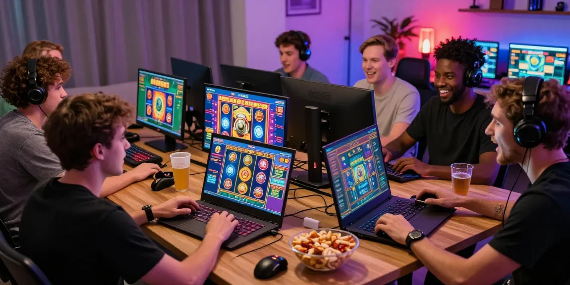 Players enjoying thrilling bonus buy slots UK on multiple monitors, showcasing excitement and community in gaming.