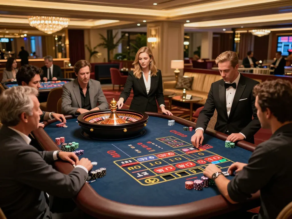 Experience the thrill of gaming at OK365's luxurious roulette table in a vibrant casino atmosphere.