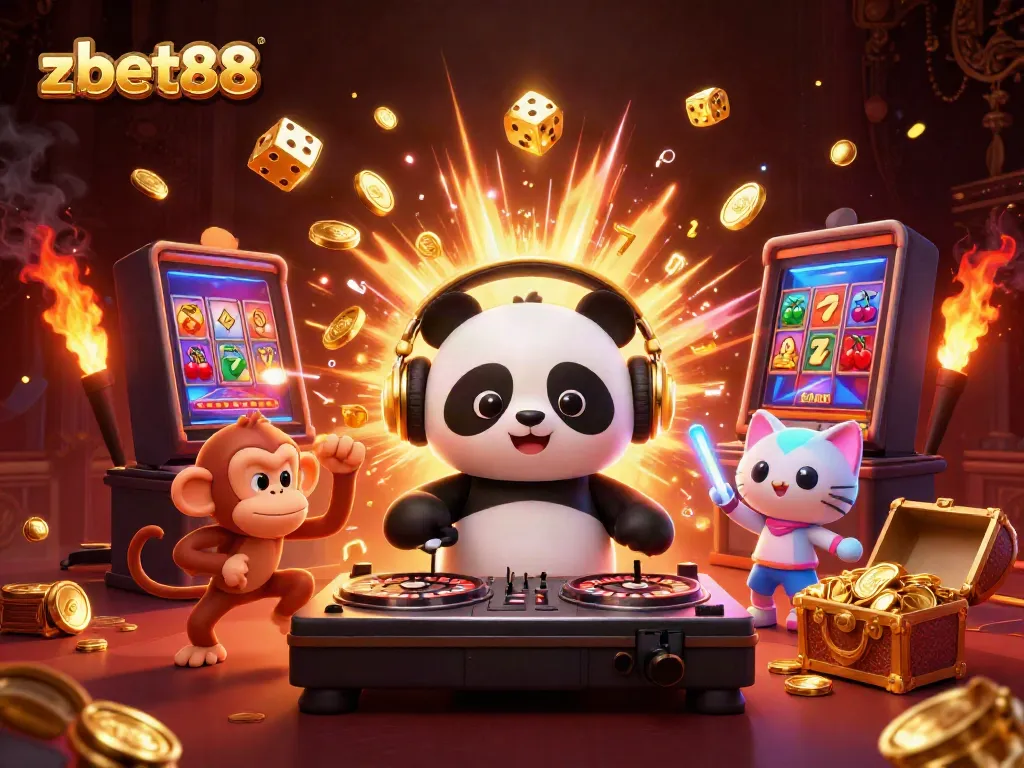 Experience the vibrant energy of zbet88 with a DJ panda, monkey, and kitten amidst colorful casino action.