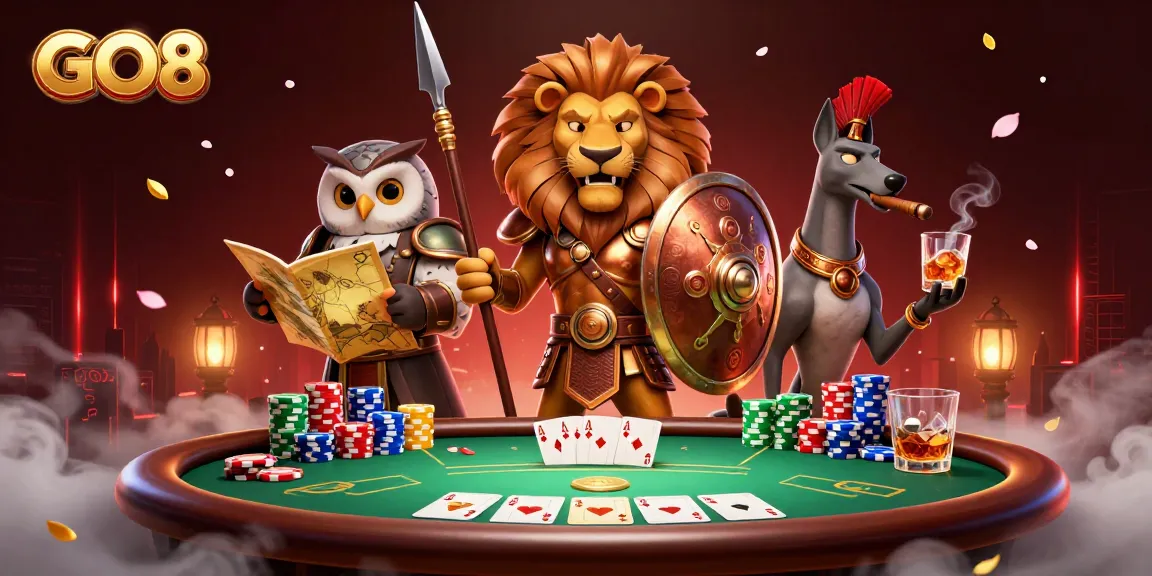 Engage in thrilling gameplay with GO8 at a vibrant poker table amidst impressive characters.