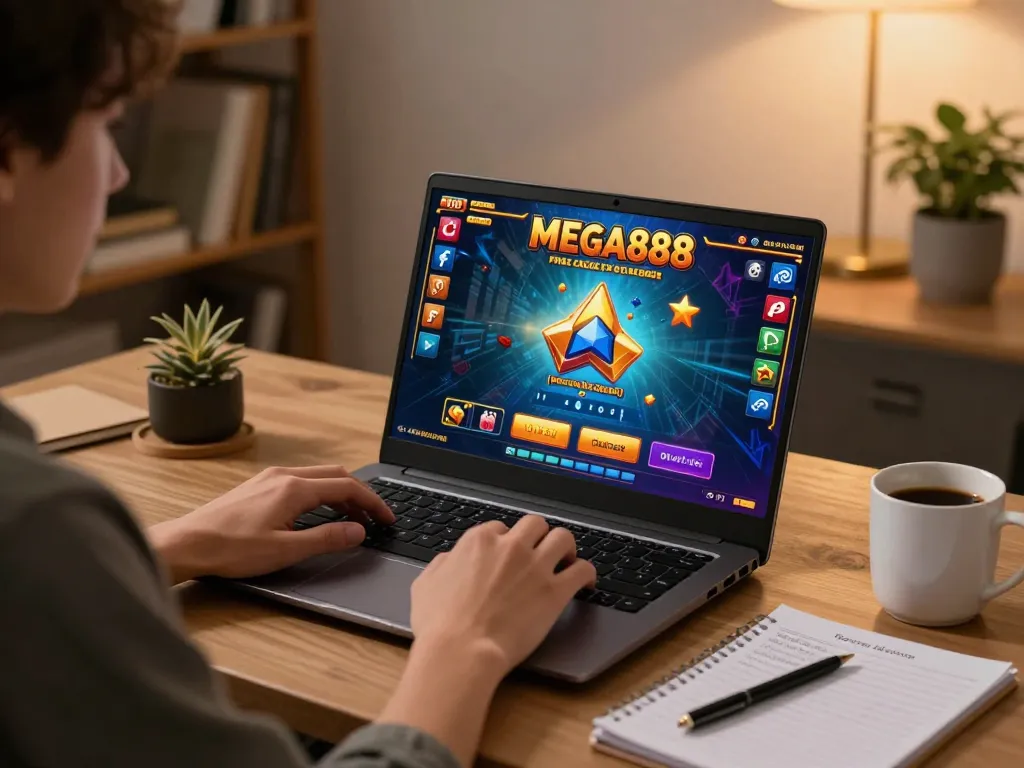 Engaging online gaming session featuring free credit mega888 on a laptop, with cozy home settings.