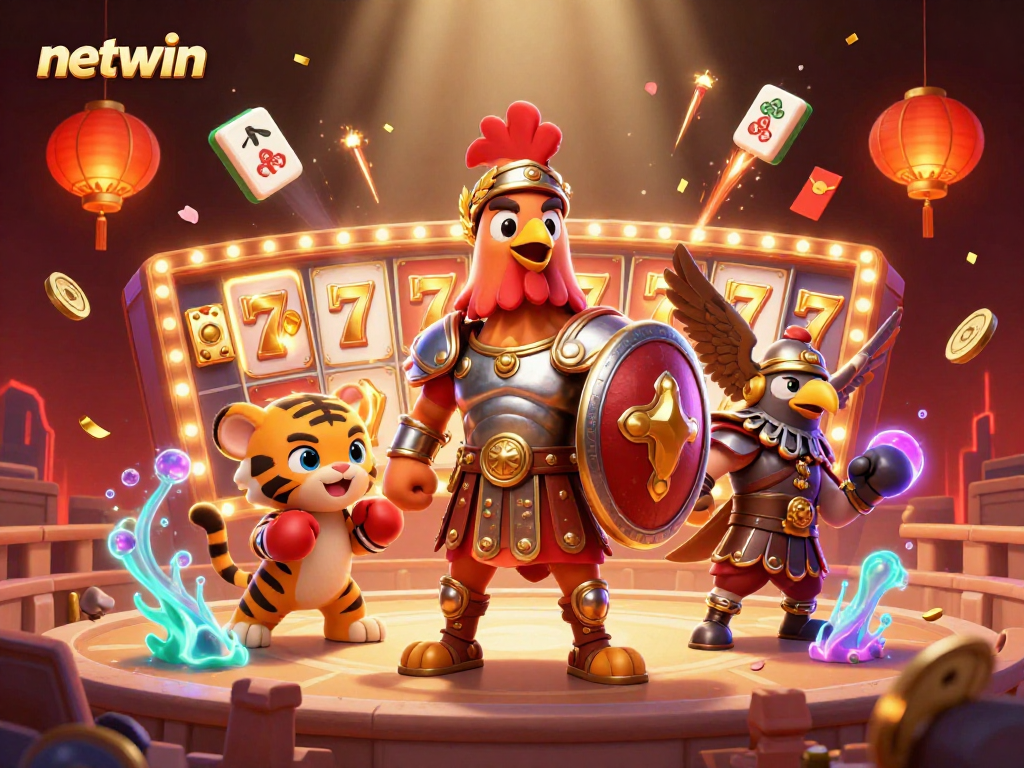 Experience the thrill of netwin with a gladiator rooster amidst vibrant casino action.