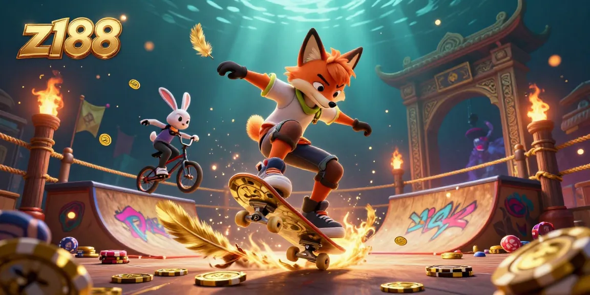 Experience the thrill of z188 with a vibrant 3D cartoon scene of a fox and rabbit performing at a casino-themed ramp.