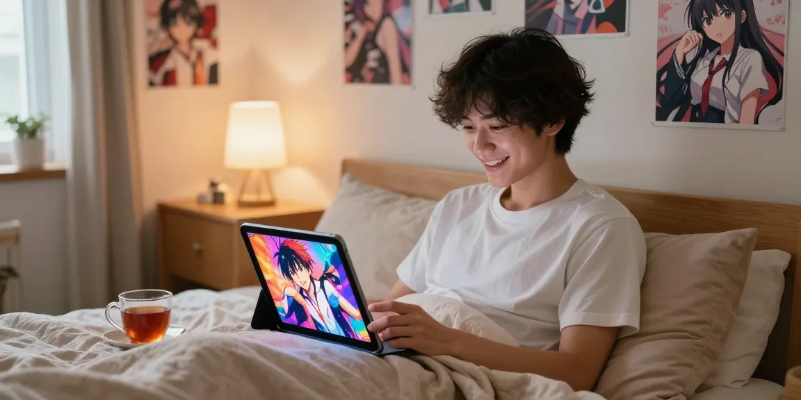 Dynamic scene of a user engaging in a hentai ai chat on a tablet in a cozy bedroom.