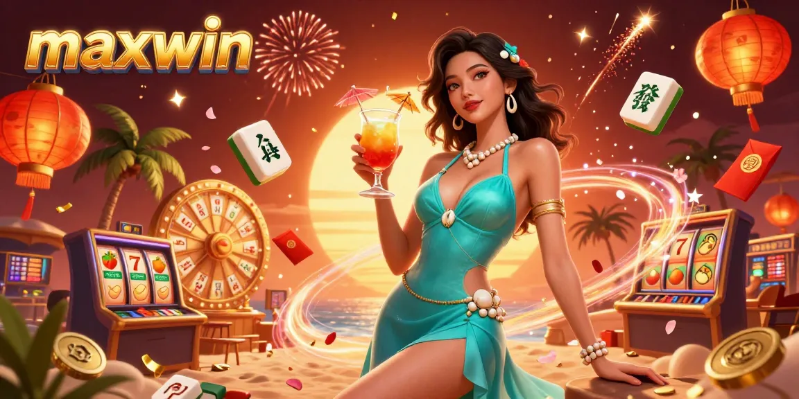 Experience maxwin excitement with a glamorous woman celebrating at a tropical casino, rich with dynamic slot elements.